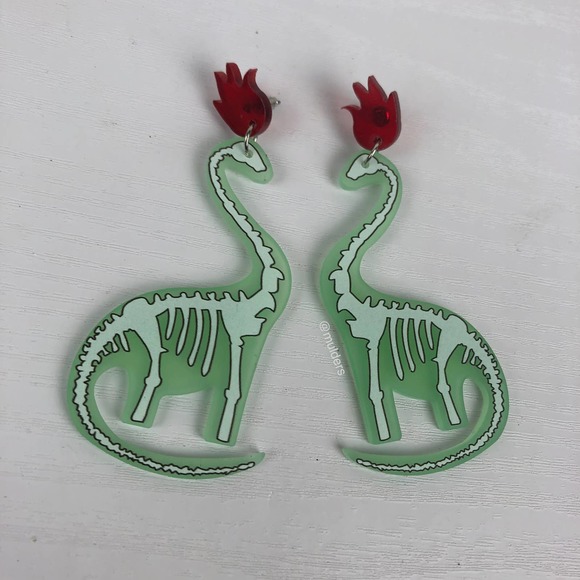 Acrylic Translucent Green Dinosaur Skeleton Fire Drop Dangle Earrings Goth - Picture 2 of 4